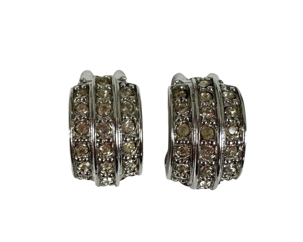 Vintage Christian Dior Silver Tone Champagne Crystal Clip-On Huggie Earrings